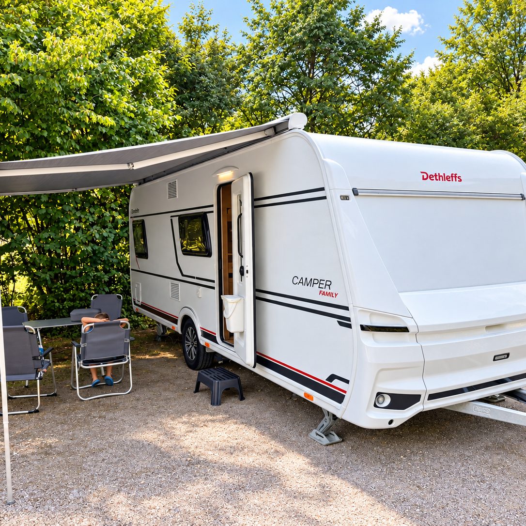 Emma mit ausgefahrener Markise, darunter Campingstühle und ein Tisch